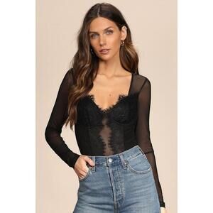 Lulus Stay Sultry Black Mesh Lace Long Sleeve Bodysuit - Size M